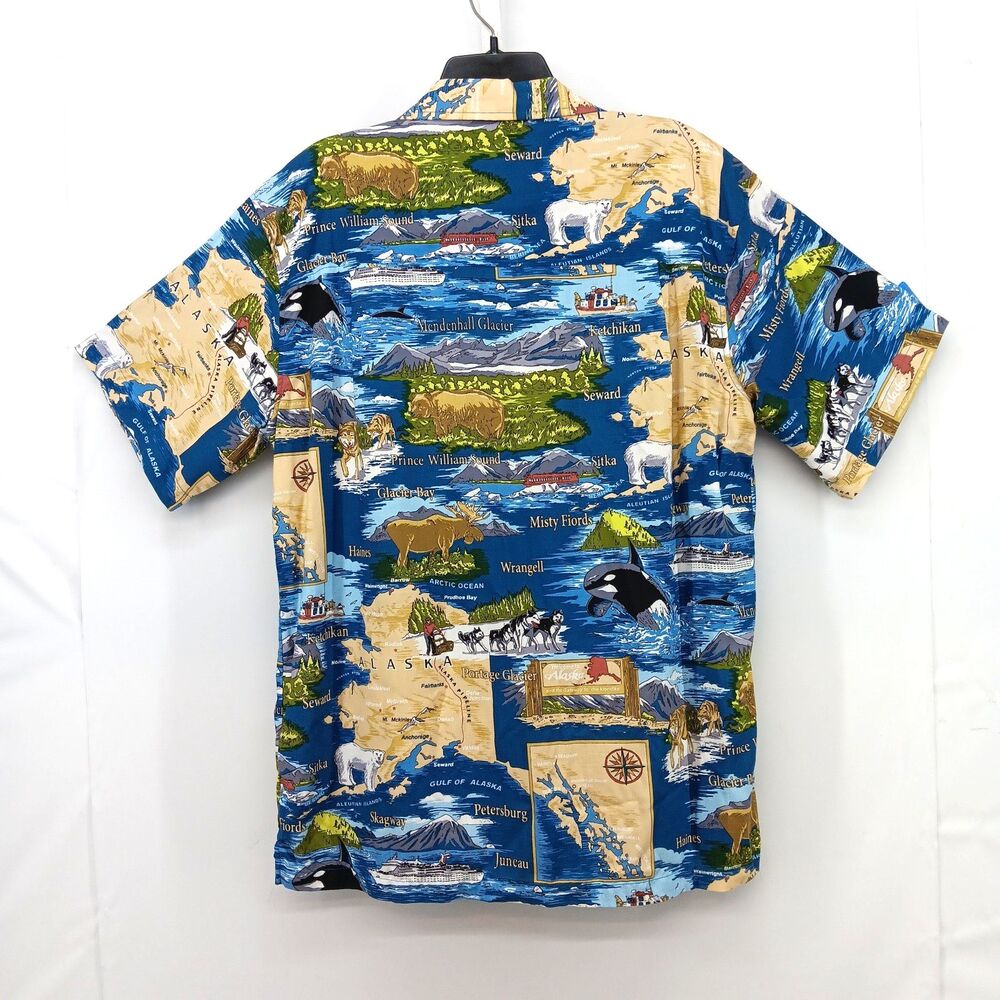 David Carey Shirt Mens Large Blue Alaska Theme Short Sleeve Collared Button Up - Picture 4 of 8